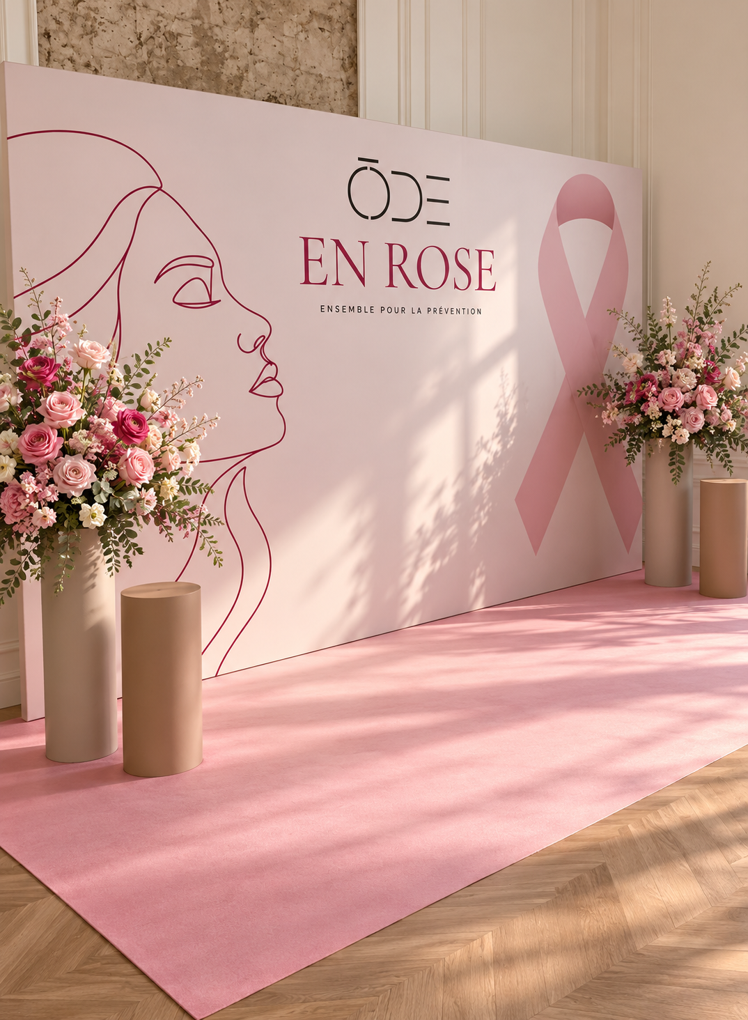 Le décor ODE en Rose : panneau rose au logo ŌDE, tapis et compositions florales sur des socles