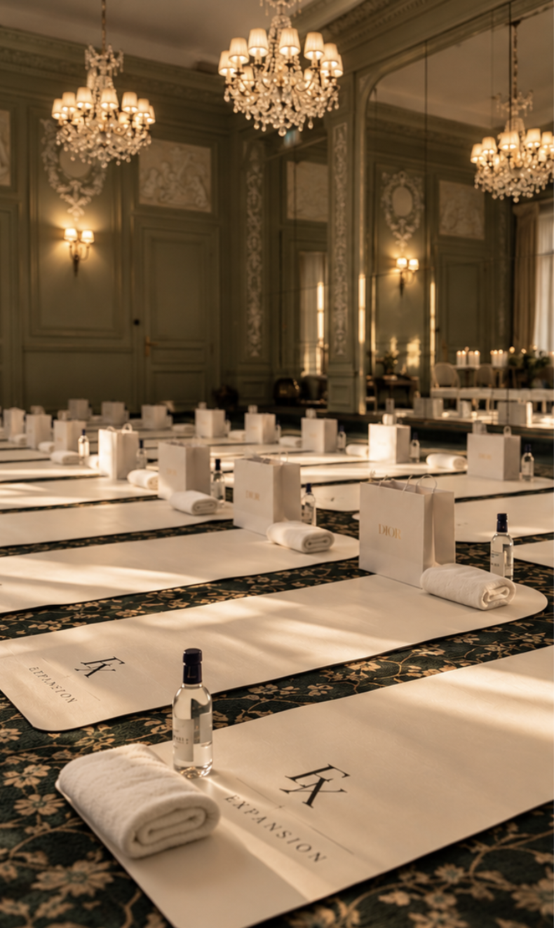 Les tapis du atelier mouvement alignés dans le salon vert d'un hôtel parisien, préparés pour Expansion